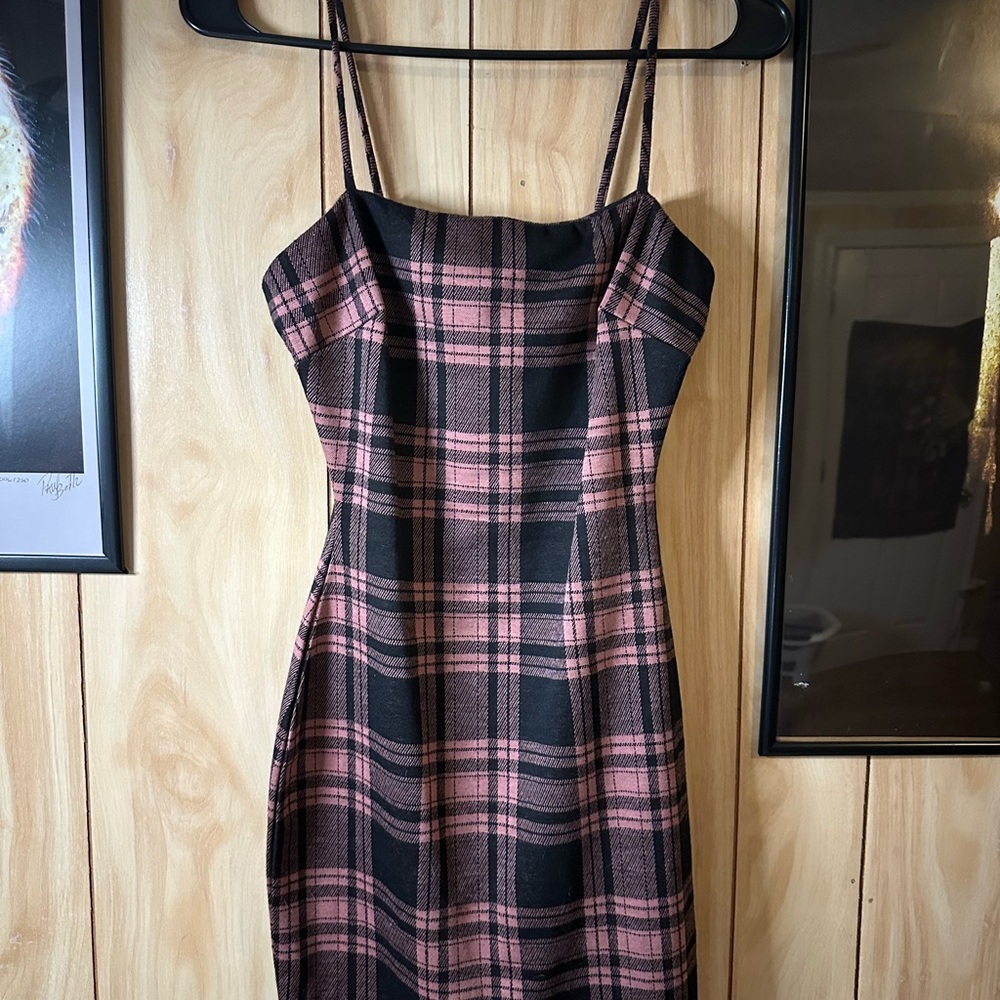 Plaid Spaghetti Strap Dress - Black and Pink